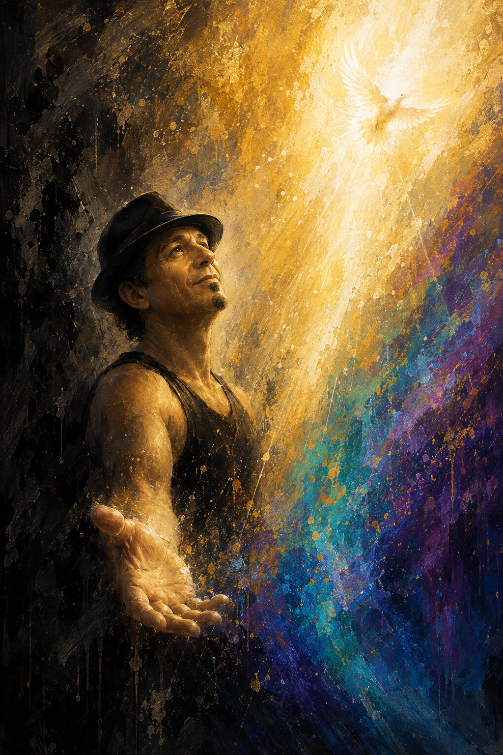 A symbolic figure extending a hand from darkness toward radiant light with a dove above